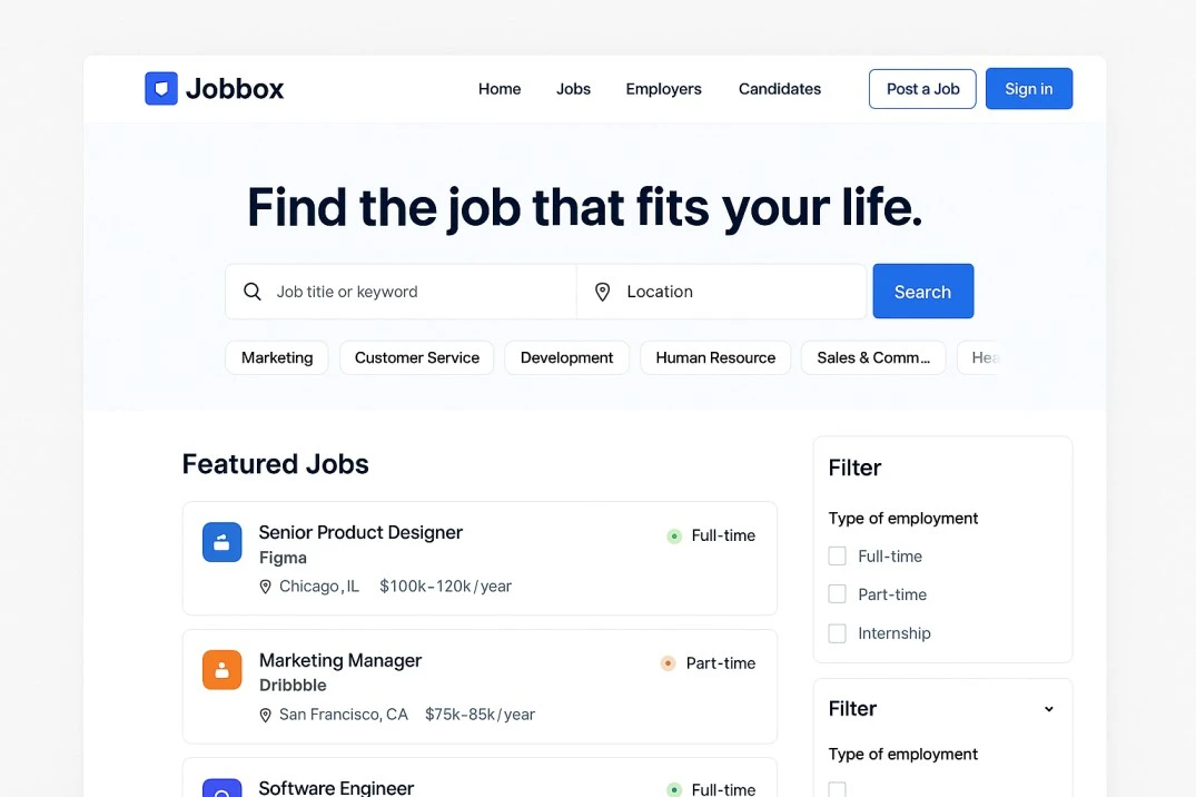 Jobbox WordPress theme demo homepage featuring a modern job board layout with filter and search options