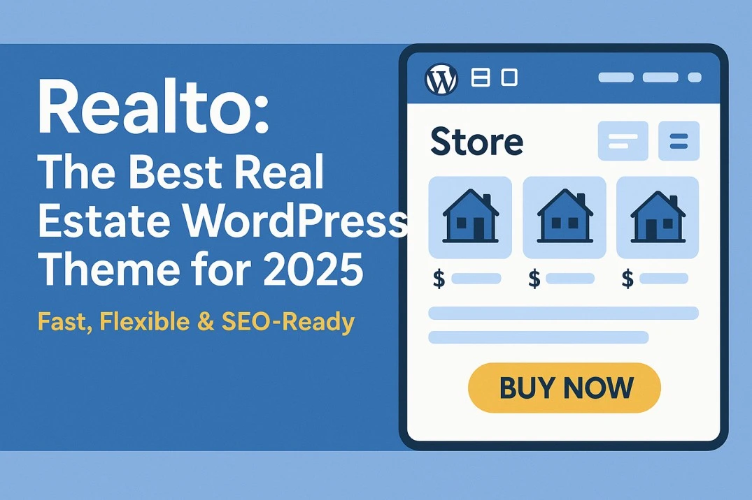 Realto WordPress theme demo homepage showcasing modern property listings, agent contact cards, and integrated Google Maps view
