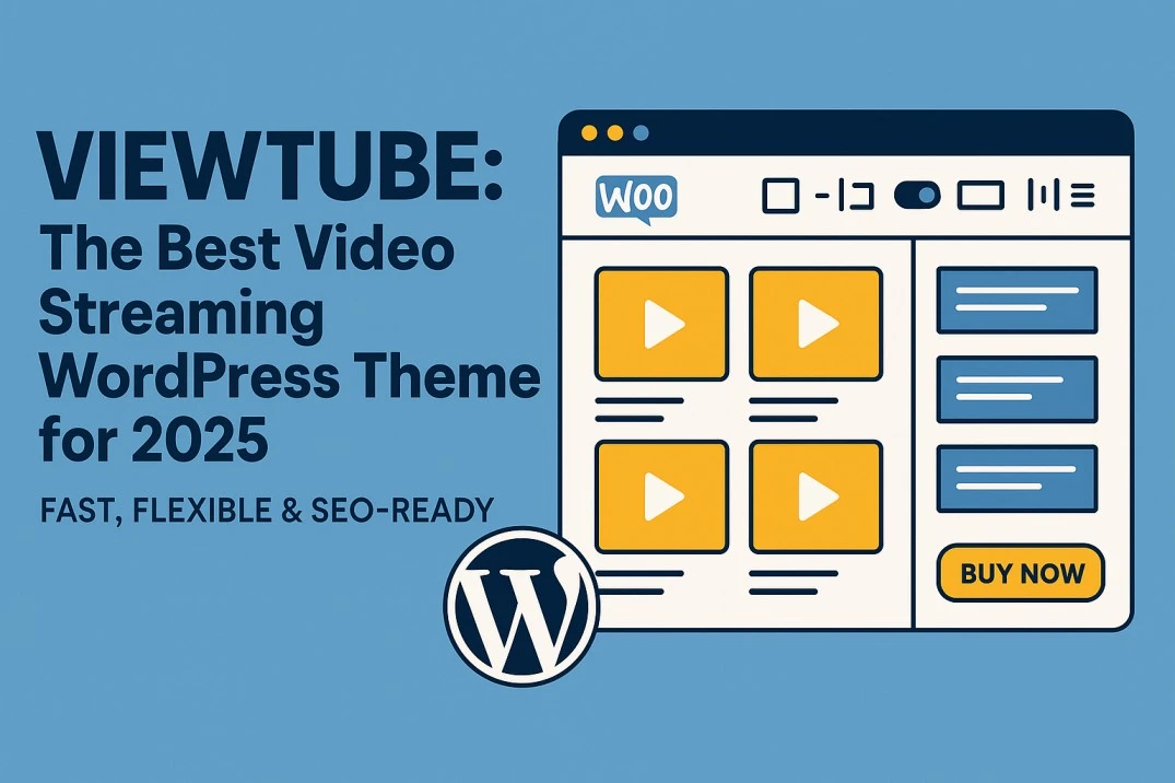 A modern promotional graphic of ViewTube WordPress theme showing video platform UI with bold headline “Best Video Theme for 2025”